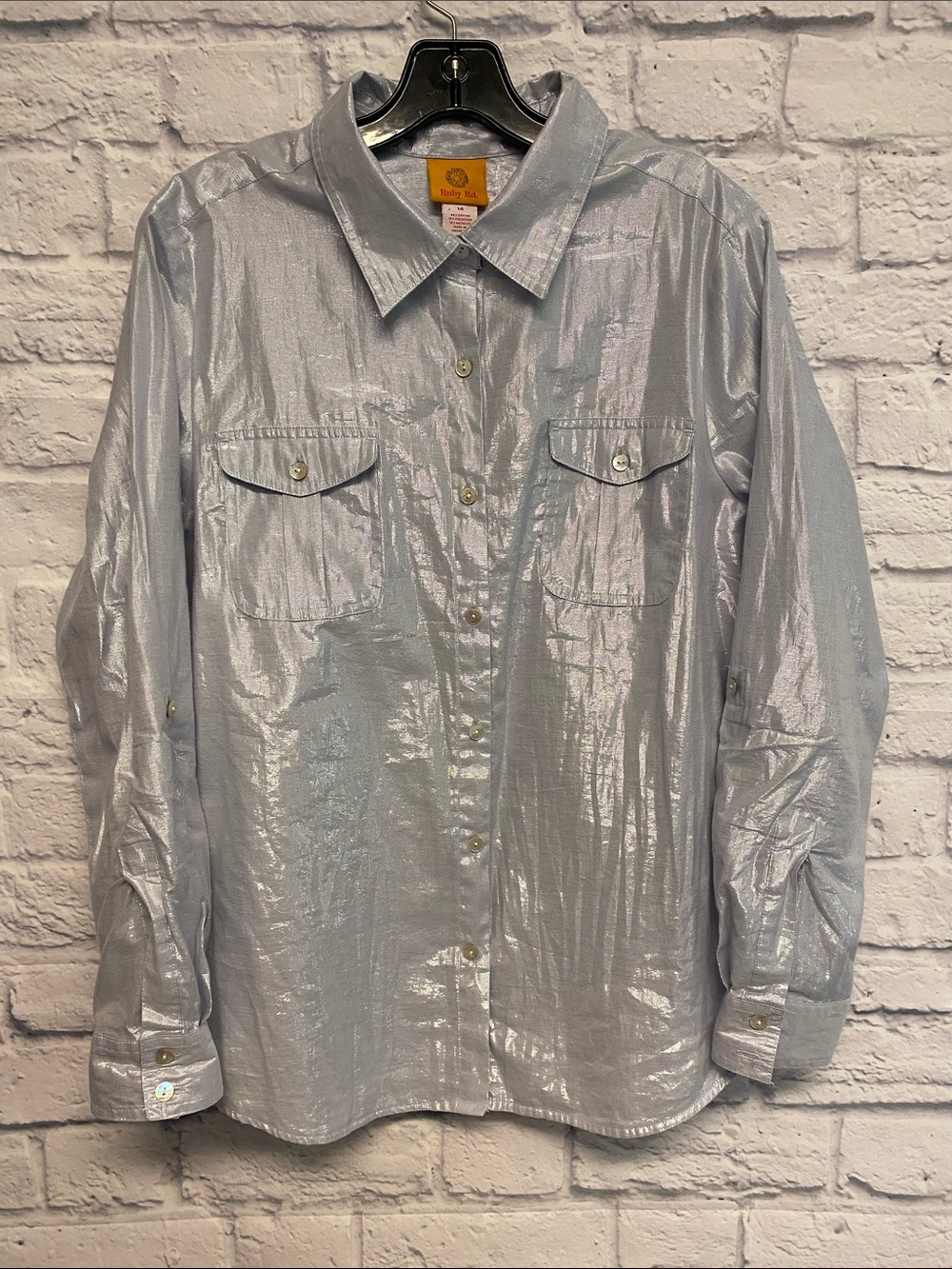 Ruby Rd. Metallic Silver Shimmer Button-Up Blouse Size 14